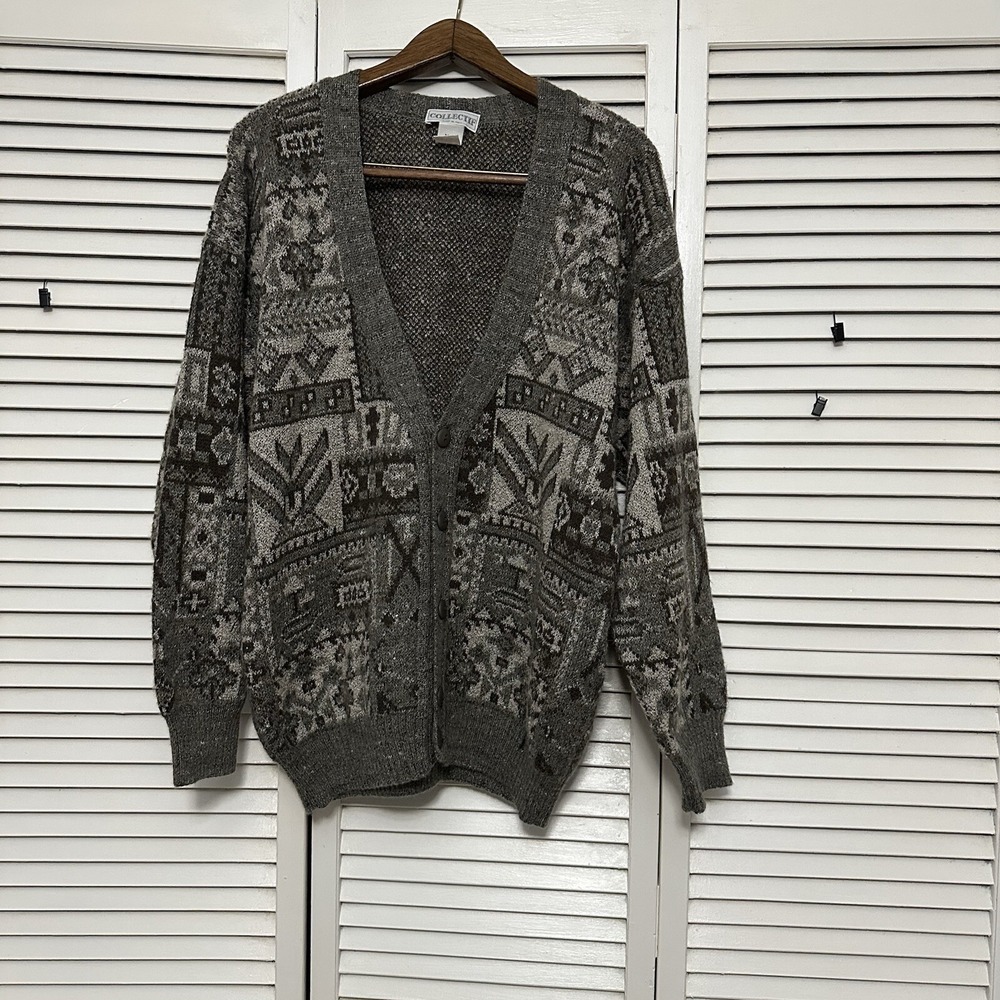 COLLECTIF ITALY VTG Wool Blend Cardigan‎ Gray Brown Sweater Grandpa XL Y2K Retro